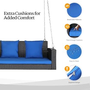 Vingli rattan porch swing heavy duty 800 lbs outdoor hanging seat with extra cushion and adjustable chain the porch swing seat made by wicker suits for garden yard lawn black 4 ft  urban country home decor