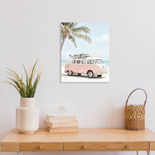 Image of CHDITB Beach Framed Canvas Wall Art, Coastal Palm Tree Artwork, Tropical Ocean Wall Decor, Boho Surfboard Poster, Pink Aesthetic Summer wave Art Prints For Living Room Seaside Cottage Decor 8 inchX10 inchx6