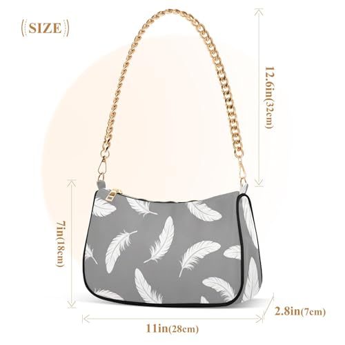 Zipper Retro Formal Purse Hobo White Feathers Gray Black Handbag Medium Women Ladies Shoulder Bag Floral with Chain Strap3