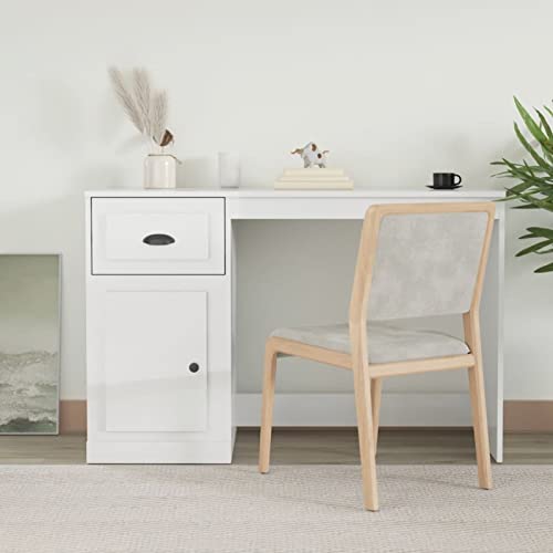 Homgoday Escritorio cajón Madera contrachapada Blanco Brillo 115x50x75cm, Escritorio para Ordenador portátil, Escritorio de Estudio para Oficina en casa, Mesa de Estudio Mobiliario