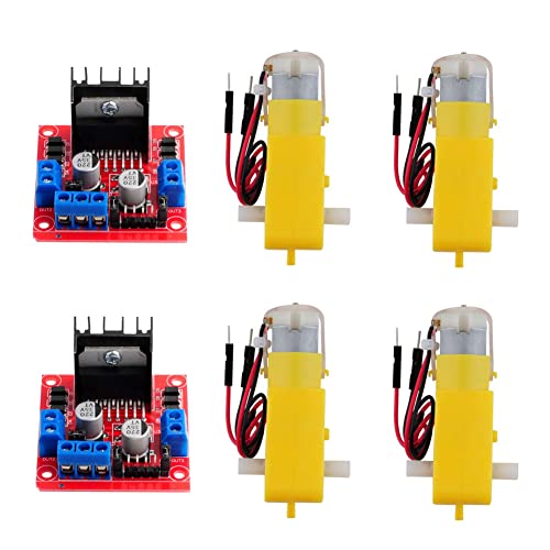Wishiot 2 Stück L298N Motortreiberplatine Steuermodul mit 4 Stück TT-Motorsatz, DC-Getriebemotor, verlötet mit 2-poligem Dupont-Draht, Doppelwellen-Gleichstrom 3-6 V Verhältnis 1:48, 200 U/min Cover