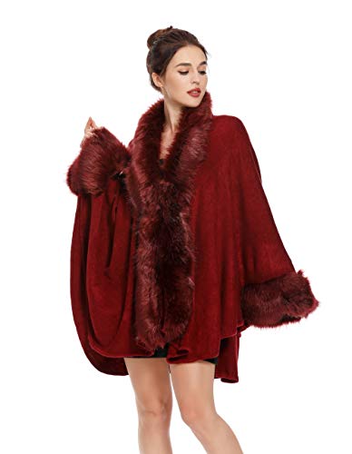 ZLYC Women Warm Faux Fur Trim Layer Cardigan Sweaters Coat Cold Weather Shawls Capes
