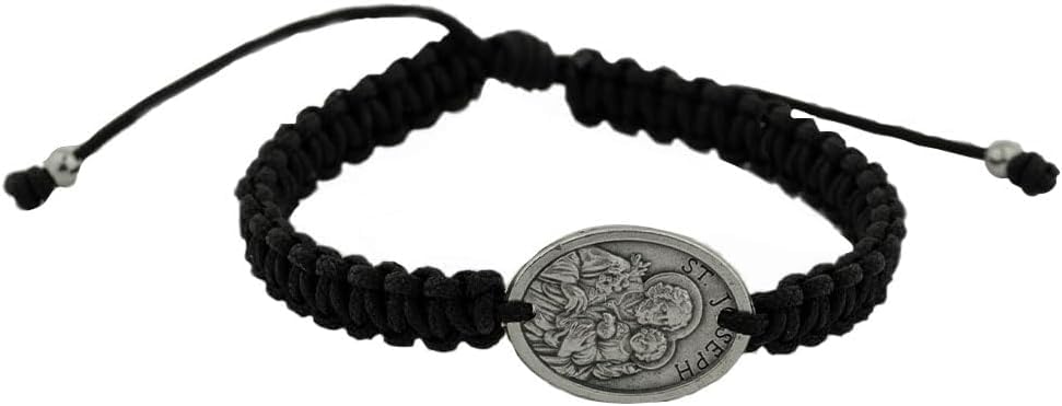 Saint Joseph and Holy Family Medal Bracelet | Sturdy Black Woven Cord | Catholic Jewelry | Great Catholic Gift for First Holy Communion and Confirmation | Adjustable