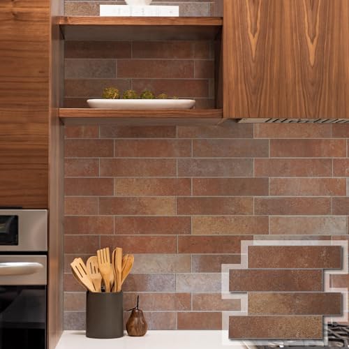 W&S 10-Sheet Red Brown Peel and Stick Backsplash Subway Tiles