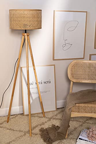 Image of AKWAY Bamboo Tripod Floor Lamp for Living Room Cane Floor Lamp for Home Rattan for Living Room Standing Lamp Wooden Floor Standing lamp for Bedroom (Bulb Not Included) (Wooden 14 inch x 8 inch Eye Webbing)