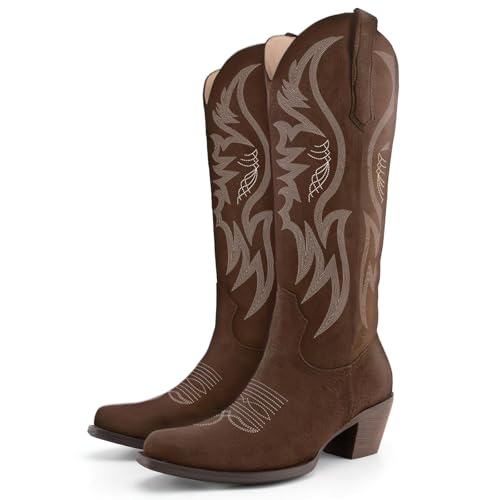 Image of KaroNairy Women Cowboy Boots Faux Suede Embroidered Pointed Thick Heeled Western Wide Calf Cowgirl Ponited Toe Mid Calf Boots