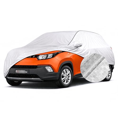 Image of SEAZEN Waterproof Car Cover for Mahindra KUV 100 | Dustproof, UV & Scratch Resistant Soft Cotton Lining | Triple Stitched, Mirror Pockets & Elastic Hem | Metallic Silver with Black Piping
