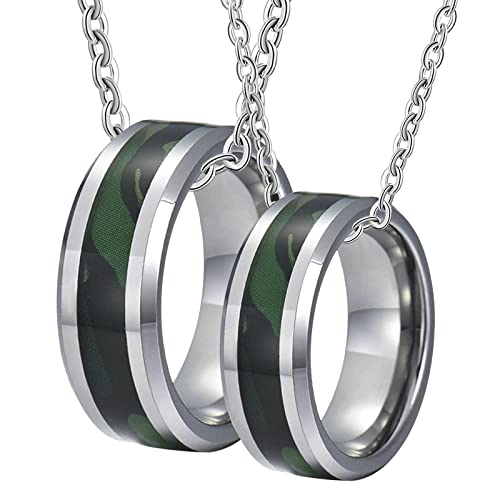 Ayoiow Anillo personalizado para hombre, anillo de plata de 8 mm con patrón verde para hombre, collar de cadena de tungsteno para él y ella, para parejas