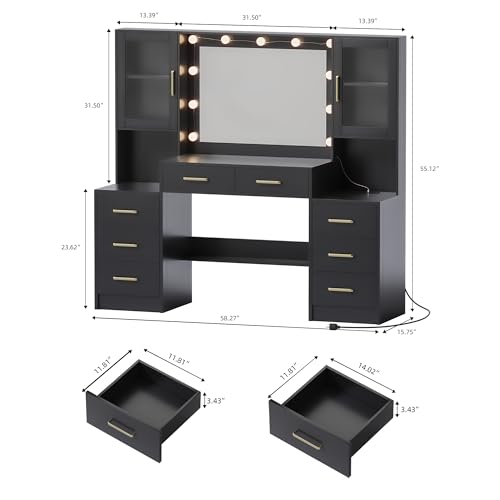 Image of Makeup Vanity Desk with Mirror and Lights, 58.3 inch Makeup Vanity with Lights & Charging Station, Black Dressing Table Vanity Set Vanity Table with 8 Drawers & 2 Cabinets, with Installation tools