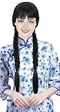 yuehong Long Black Braids Wig Bangs Long Pigtails Hair Synthetic Heat Resistant Wig For Halloween Cosplay party (Adult)