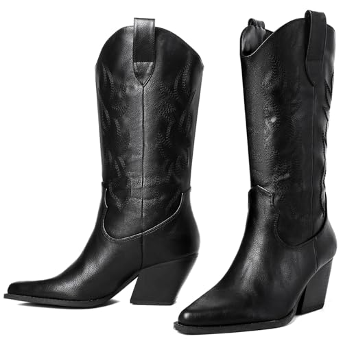 Mostrin Cowgirl Cowboy Boots Square Toe Mid-Calf Boot Chunky Block Heeled Pull On Western Boot2