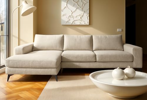 Abakus Direct | Venice Corner Sofa – Modern L-Shaped Sofa with Basket Weave Fabric, Scatter Back Cushions, Left or Right Hand Facing – Available in 9 Colours (Cream, Left Hand Facing)