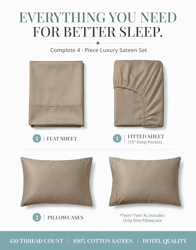 Image of LANE LINEN 100% Cotton Sheets Twin Size - 450 Thread Count Sateen Weave for Smooth Feel On Skin - Extra Soft & Breathable Twin Sheet Set for Single Beds - Fits Mattresses Upto 15'' Deep - Taupe