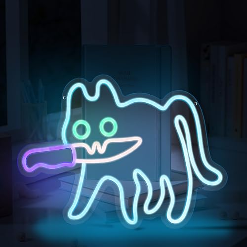 Cat and Knife Neon Sign, 16.9x12.4" Blue Led Neon Light