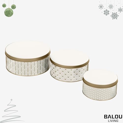BALOU LIVING 3er Set Keksdose Weihnachten - Weihnachtskeksdosen aus Metall - Weihnachtliche Plätzchendose Blechdose, Pattern weiss/gold