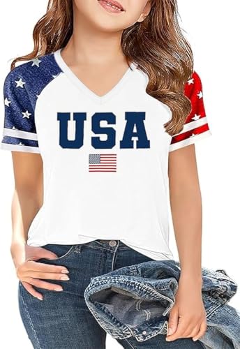 V-Neck Independence Day American Flag 4th of July Patriotic Graphic Tees for Girls Kids Summer T Shirt Tops