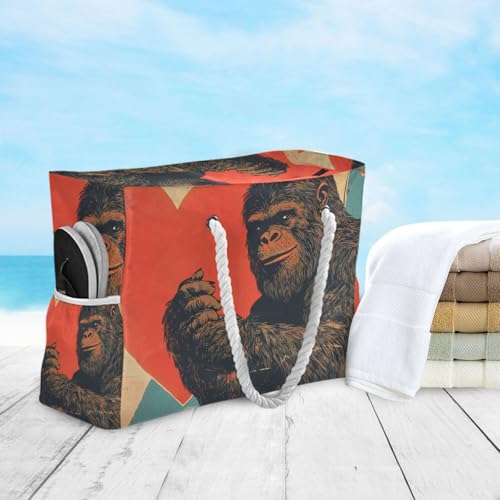 Beach Bag Sasquatch Heart Red for Women Large Beach Tote Bag with Zipper for Travel Vacation4