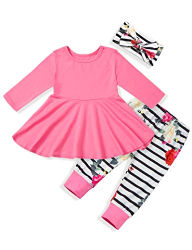 Baby Girl Clothes Ruffle Tops + Floral Pants + Headband Infant Toddler Baby Girl Outfits 3PC Set 12-18 Months Magenta Pink