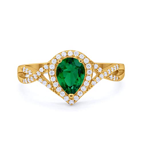 Blue Apple Co. Yellow Tone, Simulated Green Emerald CZ Size-7 Halo Teardrop Wedding Promise Ring Infinity Accent Round Simulated Cubic Zirconia 925 Sterling Silver