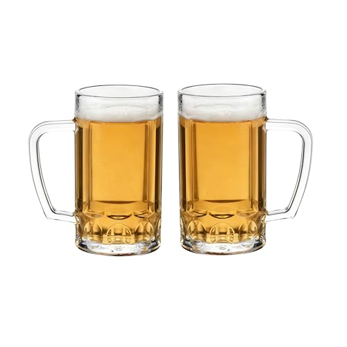 Komost 14oz Plastic Beer Mugs with Handle Set of 2, Reusable Unbreakable Beer Stein Drinking Cups for Party, Bar, Home, Hotel, Perfect for Whiskey, Juice, Cocktail Beverages