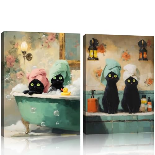 Framed Black Cat Bathroom Wall Art Set of 2 – Funny Cat Canvas Prints for Bathroom Decor Cute Pet Poster Picture Modern Animal Painting for Home Toilet or Laundry Room Ready to Hang 12x16 Inches