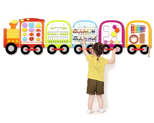Joyreal Wooden Busy Board Train Activity Wall Panels - Montessori Sensory Wall Toys for Toddlers - Learning Activity Center for Playroom & Daycare Decor - Educational Toy Gift for Boys and Girls 18 M+