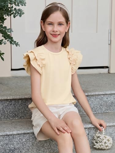 Image of Haloumoning Girls T Shirts Double Layer Ruffle Short Sleeve Kids Summer Crewneck Tunic Tee Tops 5-14 Years