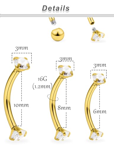 Ocptiy 16G Rook Piercing Jewelry Eyebrow Rings Hypoallergenic Surgical Steel Vertical Lip Labret Belly Snake Eye Tongue Ring Daith Earring Piercing Jewelry for Men Women Curved Barbells 6mm 8mm 10mm3