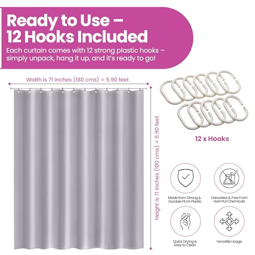 WedDecor Shower Curtains Mould Proof Resistant, Waterproof PEVA Shower Curtain Heavy Duty Bathroom Curtains, With 12 White Plastic Hooks, 180cm x 180cm, Grey - Cosy Home Interiors WedDecor Shower Curtains Mould Proof Resistant, Waterproof PEVA Shower Curtain Heavy Duty Bathroom Curtains, With 12 White Plastic Hooks, 180cm x 180cm, Grey - Image 2