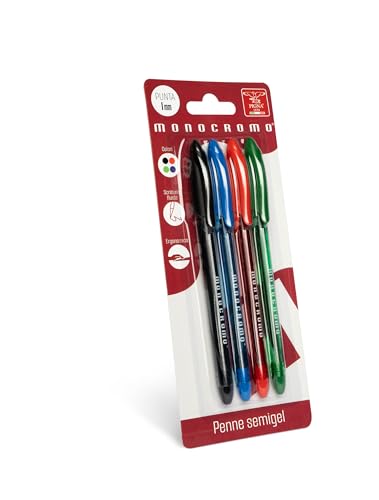Pigna, bolígrafo con tinta semi-gel, línea monocromática, escritura fluida, juego de 4 unidades (negro, azul, rojo, verde), diseño elegante, ideal para la escuela y la oficina