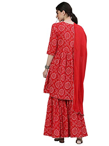 Image of ishin Women's Cotton Red Bandhani Jewel Neck Zari Embellished Peplum Kurta Set with Sharara and Dupatta