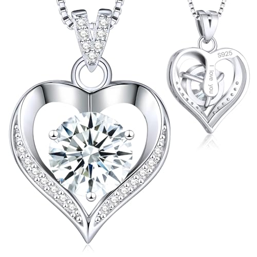 Moissanite Necklace for Women Moissanite Lab Created Diamond Heart Pendant Necklace Sterling Silver 1-3 Carat, Engraved with 'I LOVE YOU', Jewelry Gifts, for Wife, for Girlfriend, for Mom, Birthday Gift, Anniversary Present