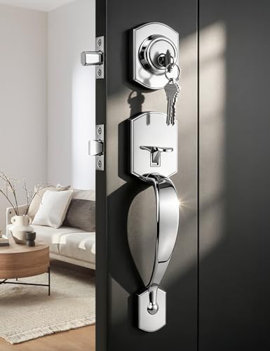 Image of Tinewa Camelot Front Door Handle and Deadbolt Set, Bright Chrome Front Door Lock Set, Upgated Entry Door Handle with Accent Wave Door Lever with Reversible Handle Lever, 1 Pack