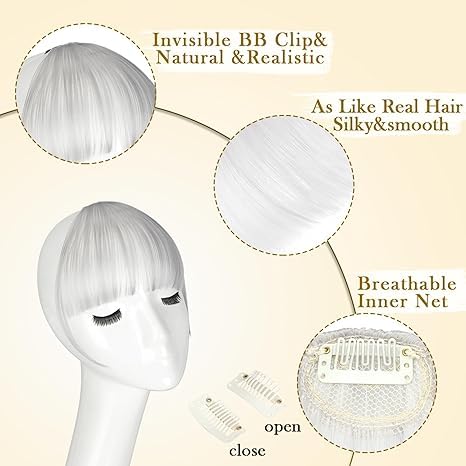 Bangs Hair Clip in Bangs, Fake Bangs Natrual Clip in Hair Extensions, Easy to Use Faux Bangs Clip on bangs, Wispy Bangs Fringe with Temples Hairpieces for Daily Wear (Silver Gray)