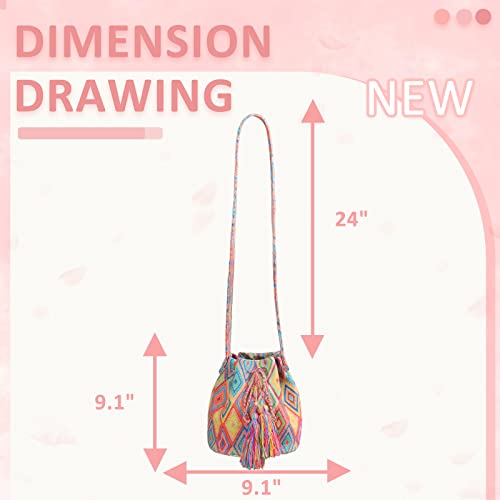 Canvas Crossbody Bags for Women, Tassels Drawstring Bucket Bag, Bohemian Handbag, Colorful plaid Tote Bag Large Capacity Travel Shoulder Bag2