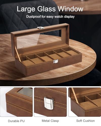 Image of Uten 6 Slots Watch Box, PU Leather Watch Case with Glass Lid, Watch Holder Organizer with Soft Pillow and Velvet Lining, Watch and Jewelry Storage Box, Brown