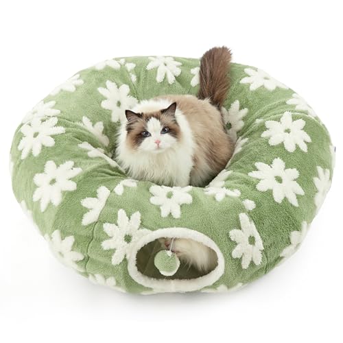 Image of Lesure Cat Tunnel Bed for Indoor Cats - Cute Cat Donut Tunnel Toys for Small Large Cats with Washable Circle Cushion, Round Pet Peekaboo Cave Toy for Kitten /Puppy /Rabbit, Standard Flower Garden Green