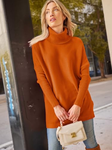 Image of LILLUSORY Women's Turtleneck Oversized Sweaters Long Batwing Sleeve Spilt Hem Tunic Pullover Knit Tops