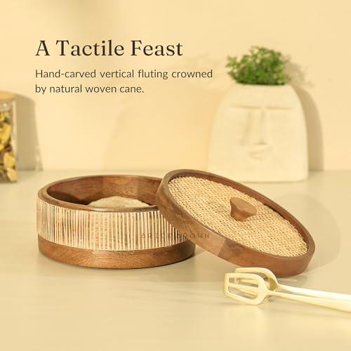 Image of Brick Brown Reed Wooden Roti Box with Hand-Woven Cane Lid | Solid Wood Chapati Box for Kitchen & Dining | Designer Roti Casserole /Roti Hot Pot Case | Handmade Roti Dabba Server (8.1x8.1x4.2 Inch)
