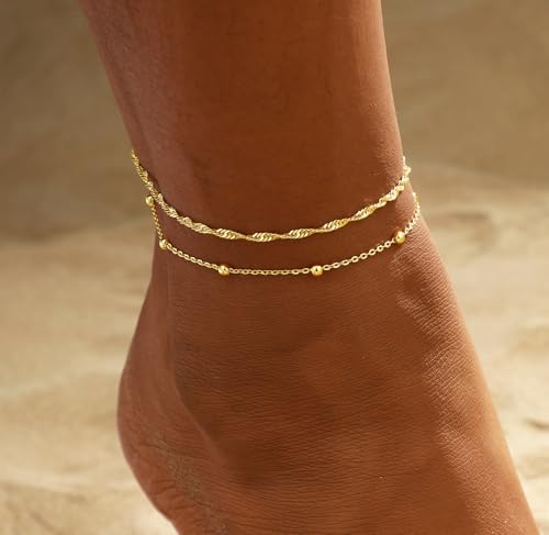 Image of 2 /3 PCS Gold Anklets for Women Waterproof Cuban Link Anklet Beaded Bracelets Stackable Bracelets 14K Gold Plated Custom Jewelry Gifts Non Tarnish Lightweight