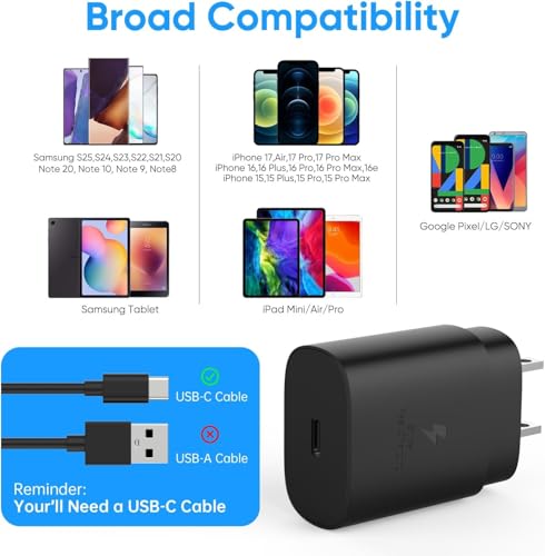 Image of USB Type C Charger Block, 25W Fast Charging Block for Samsung Galaxy S25 S24 Ultra S23 S22 S21 S20 Note20 / iPhone 17 16 15 14 13 Pro Max, Super Fast Wall Charger Plug Power Adapter, 2 Pack