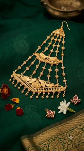 Image of Gold Plated Maang tikka Matha Patti Jhoomar Passa For Women Beautiful gold passa gold jhumar side Maangtika for bridal look