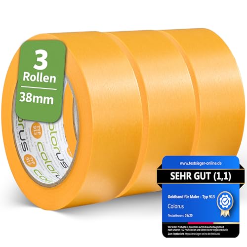 3 x Colorus Ruban de Masquage de Peinture Multi-Surfaces, 38 mm x 50 m, Scotch Ruban Adhésif Polyvalent pour Travaux de Peinture et Décoration, Intérieur et Extérieur, Résistant aux UV