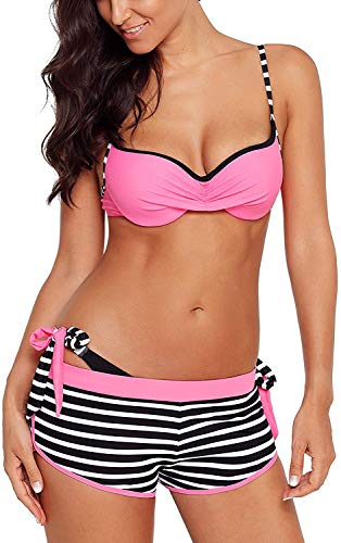 CheChury Costume da Bagno Donna a Fascia Push-up Imbottito Reggiseno Costumi Sexy Bikini Mare Estate Swimsuit Tre Pezzi Bikini con Pantaloncino