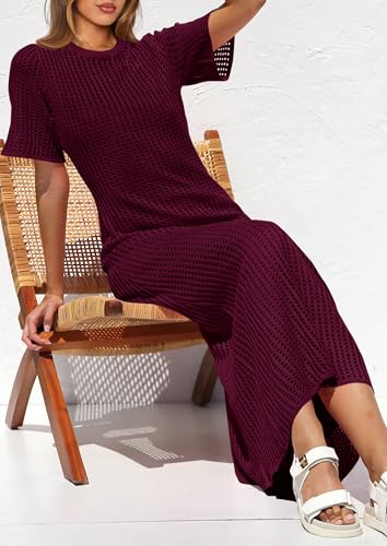 Image of PRETTYGARDEN Womens Eyelet Crochet Maxi 2 Piece Dress Sets | Knit Mesh Layered Two-Piece Dress, Short Sleeve Crew Neck Cover Up With Slip, Summer Resort Vacation Beach Hollow Out Dresses