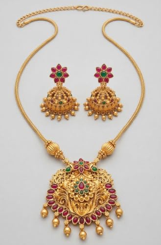 Image of Traditional Gold-Plated Lakshmi Temple Pendant Necklace Set for Women | Antique South Indian Jewelry with Jhumka Earrings | Ethnic Bridal, Wedding & Festive Jewelry Set