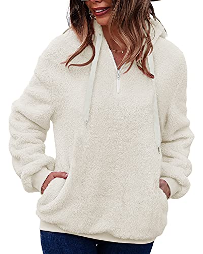 LIVACASA Sweatshirt Damen Winter Warm Hoodie Weich Mädchen Oversized Teddy Fleece Pullover Mit Kaputze Flauschig Winterpullover Sweater Langarm Pulli mit 2 Tasche Beige M Cover