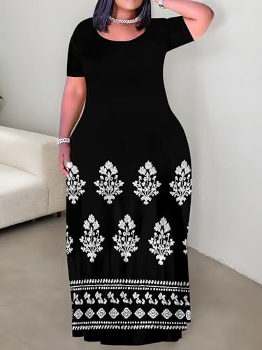 Image of PinkPatty Plus Size Maxi Dress for Curvy Women Crew Neck Long Sleeves Casual Dress Vacation Sundresses with Pockets