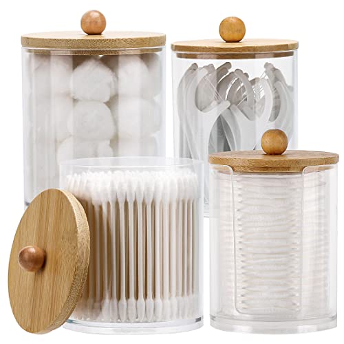 Image of Tbestmax 4 Pcs Qtip Holder Dispenser for Cotton Ball, Cotton Swab, Floss - 10 oz, 12 oz Clear Apothecary Jars with Bamboo Lids, Restroom Bathroom Organizers and Storage Containers