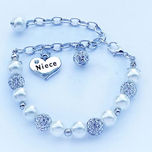 Simulted Pearl Bracelet Rhinestone Heart Niece Charm Alternating Crystal Disco Balls Adjustable Chain Link Jewelry2